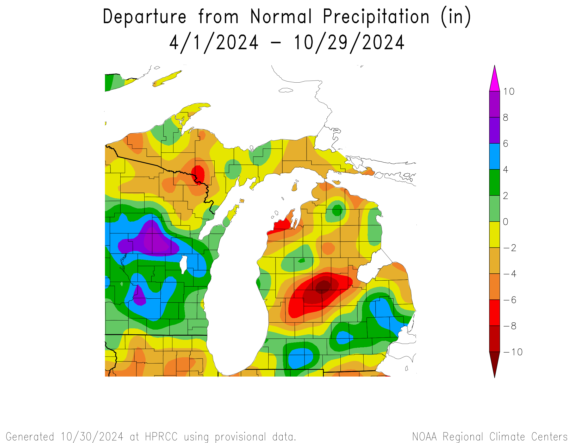 A map of Michigan showing the precipitation departure from April 1 to Oct. 29, 2024. Certain areas of the state show where heaviest and lightest precipitation was accumulated.